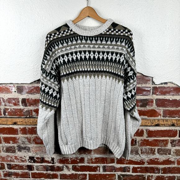 Vintage Field Master Sweater Sz XLT Tan Black Fair Isle Cotton Crewneck USA 90s - Picture 1 of 5